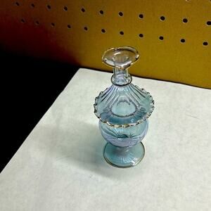 Dainty Ruffled Blue Glass Perfume Bottle with Faux Gold Accents